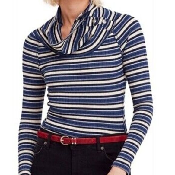 Free People/UO Striped Split Snap Cowlneck Top Size Large EUC - Picture 4 of 11